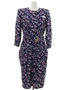 Vintage 80s SL Petites Floral Rayon Belted Dress Navy Size 12 Midi